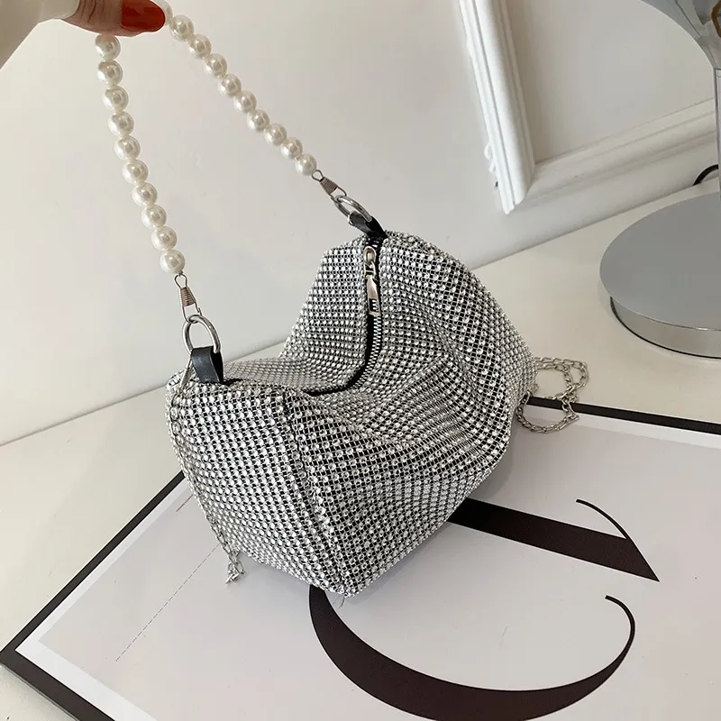 Women Rhinestone Pearl Strap Metal Chain Handbag Street Trend Pillow Shape