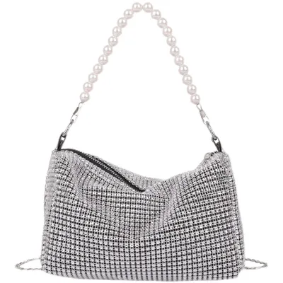 Women Rhinestone Pearl Strap Metal Chain Handbag Street Trend Pillow Shape