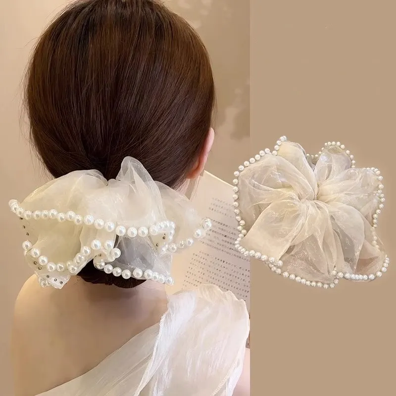 Elegant Women Oversized Pearl Lace White Scrunchie