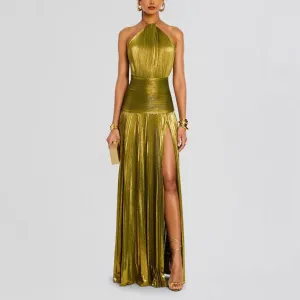 Women Elegant Solid Color Pleated Slit Backless Party Dress