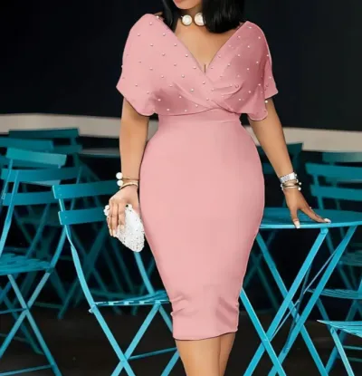 Women Elegant Solid Color Beads V-Neck Half Sleeve Zipper Slim Fit Midi Dress