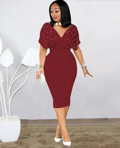Women Elegant Solid Color Beads V-Neck Half Sleeve Zipper Slim Fit Midi Dress