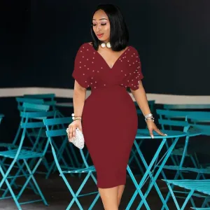 Women Elegant Solid Color Beads V-Neck Half Sleeve Zipper Slim Fit Midi Dress