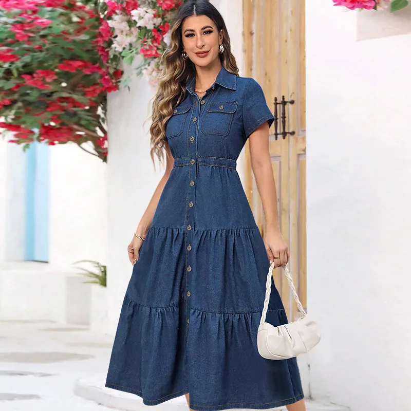 Women Casual Lapel Short Sleeve Single Breasted Pleated Denim Dress