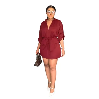 Women Casual V-Neck Short-Sleeve Tight WaistDress Solid Color