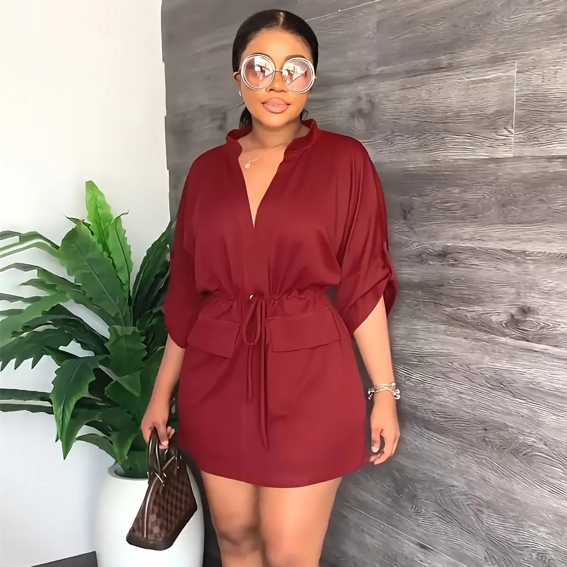 Women Casual V-Neck Short-Sleeve Tight WaistDress Solid Color