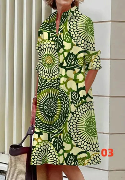 Women Fashion Casual Printed Lapel Long-Sleeve Loose Dress