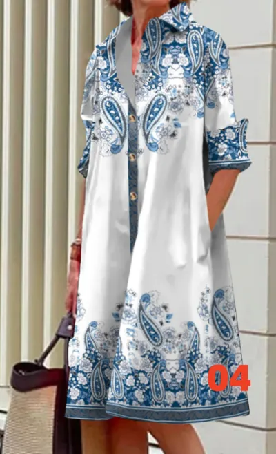 Women Fashion Casual Printed Lapel Long-Sleeve Loose Dress