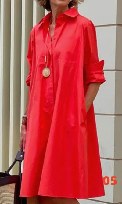 Women Fashion Casual Printed Lapel Long-Sleeve Loose Dress