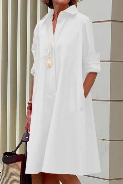 Women Fashion Casual Printed Lapel Long-Sleeve Loose Dress