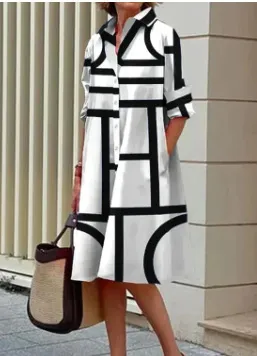 Women Fashion Casual Printed Lapel Long-Sleeve Loose Dress