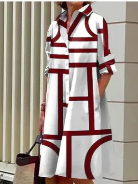 Women Fashion Casual Printed Lapel Long-Sleeve Loose Dress