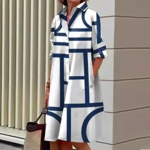 Women Fashion Casual Printed Lapel Long-Sleeve Loose Dress