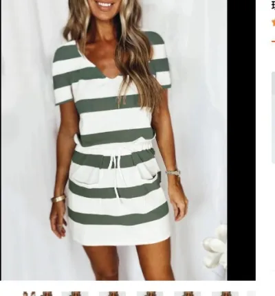 Women Fashion Casual Stripe V-Neck Short-Sleeve Tight Waist Dress