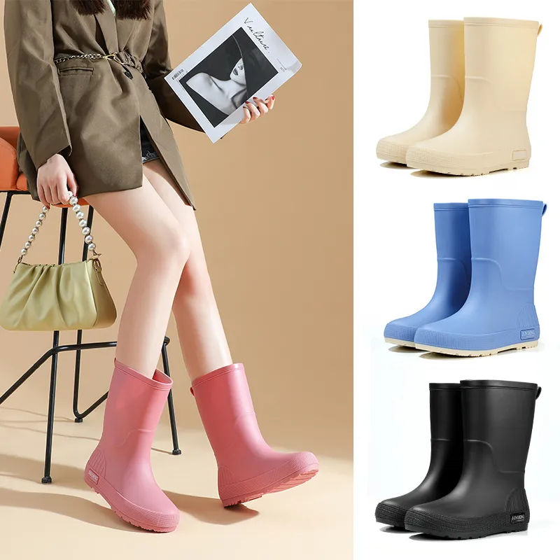 Women Waterproof Non-Slip Outdoor Mid-Barrel Rain Boots Daily Leisure PVC Solid Color Thickening
