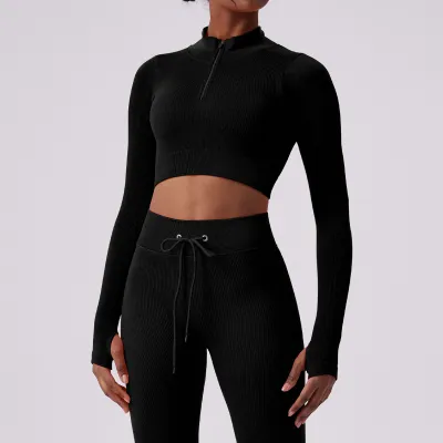 Women Casual Solid Color Long Sleeve Seamless Quick-Drying Yoga Crop Top