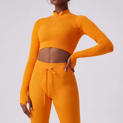 Women Casual Solid Color Long Sleeve Seamless Quick-Drying Yoga Crop Top