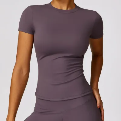 Women Fashion Casual Solid Color Short-Sleeve Quick-Drying Yoga T-Shirt