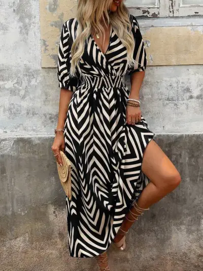 Women Casual Elegant Printed V-Neck Short-Sleeve Loose Maxi Dress