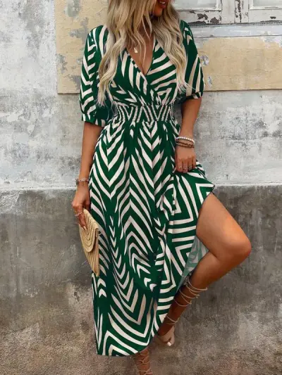 Women Casual Elegant Printed V-Neck Short-Sleeve Loose Maxi Dress