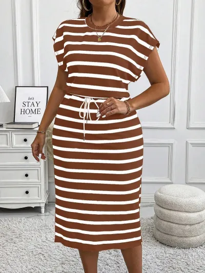 Women Plus Size Stripe Lace-Up Midi Dress with Bat Sleeve