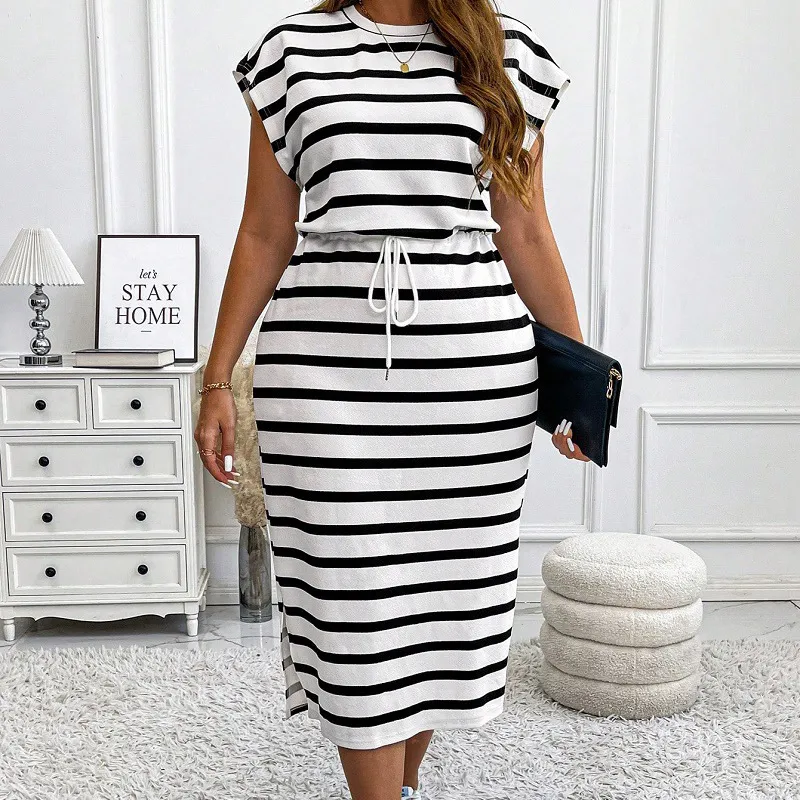 Women Plus Size Stripe Lace-Up Midi Dress with Bat Sleeve