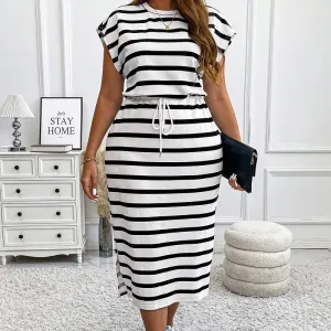 Women Plus Size Stripe Lace-Up Midi Dress with Bat Sleeve