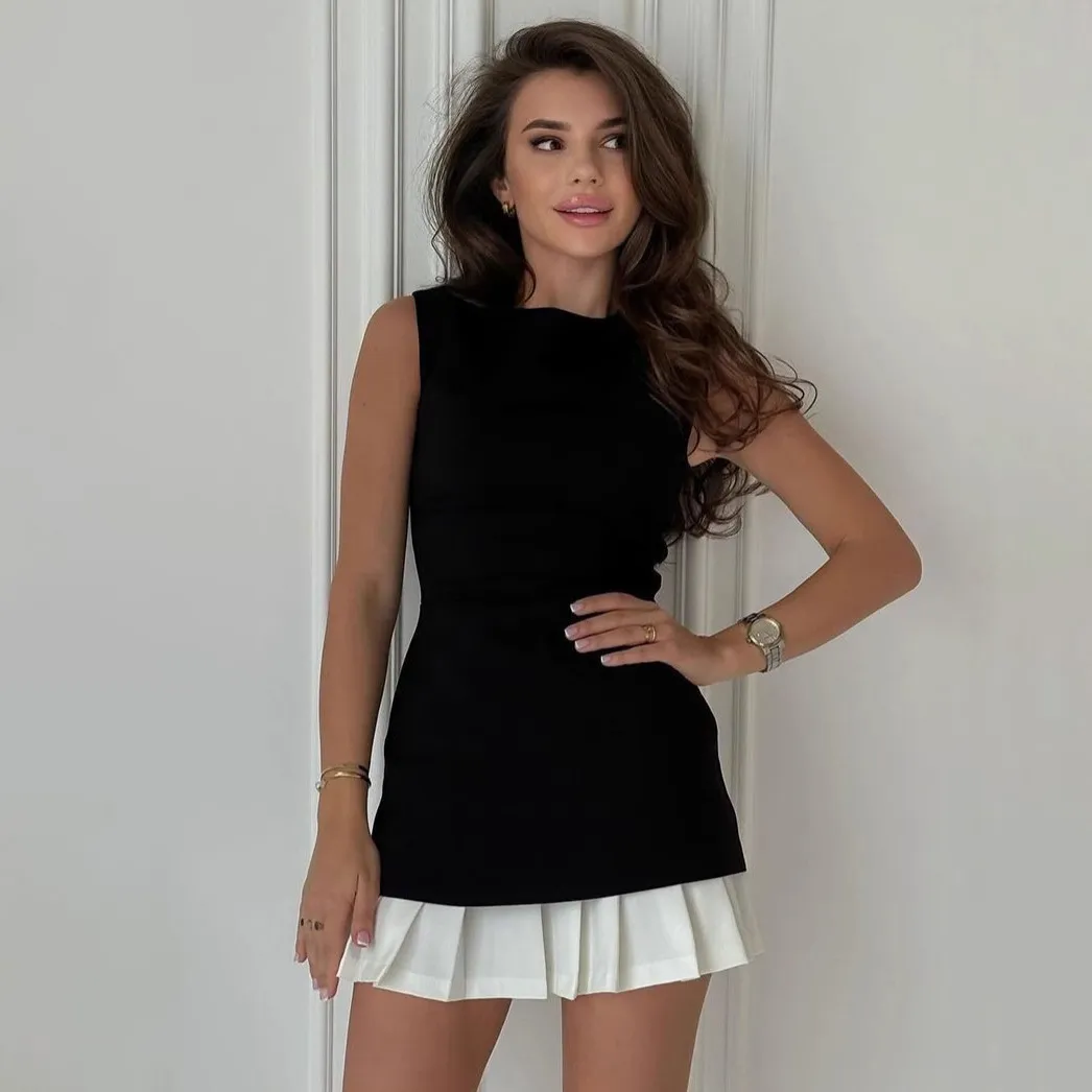 Women Elegant Stitching Pleated Sleeveless Slim Fit Dress
