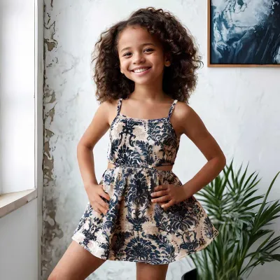 Wholesale Kids Toddler Girls Cute Cartoon Stripe Short Sleeve Dress