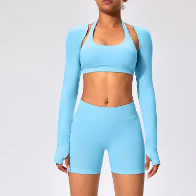 Women Casual Yoga Sports Top Long Sleeve Solid Color Nylon Blending