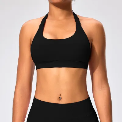 Women Sexy Solid Color Halter-Neck Backless Sports Yoga Top Bra
