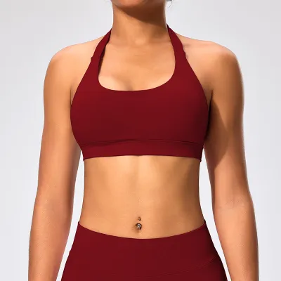 Women Sexy Solid Color Halter-Neck Backless Sports Yoga Top Bra