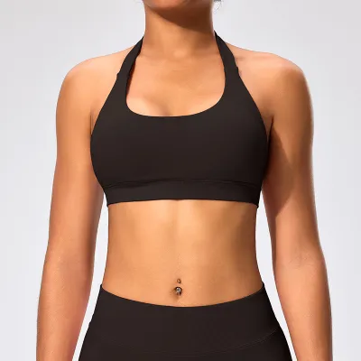Women Sexy Solid Color Halter-Neck Backless Sports Yoga Top Bra