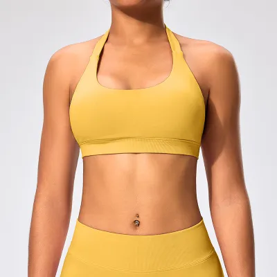 Women Sexy Solid Color Halter-Neck Backless Sports Yoga Top Bra
