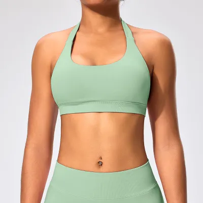 Women Sexy Solid Color Halter-Neck Backless Sports Yoga Top Bra