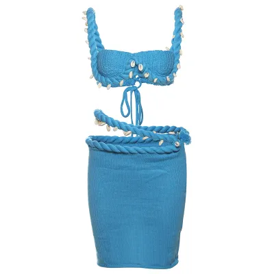 Women Fashion Sexy Creative Solid Color Knitted Shell Camisole Slim Fit Skirt Two-Piece Set