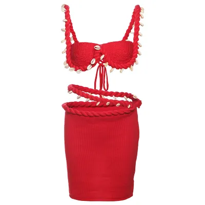 Women Fashion Sexy Creative Solid Color Knitted Shell Camisole Slim Fit Skirt Two-Piece Set