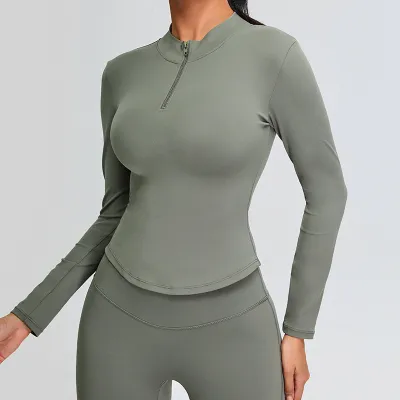 Women Casual Solid Color Long-Sleeve Zipper Yoga T-Shirt