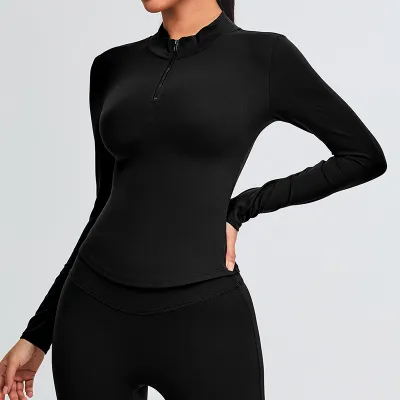Women Casual Solid Color Long-Sleeve Zipper Yoga T-Shirt
