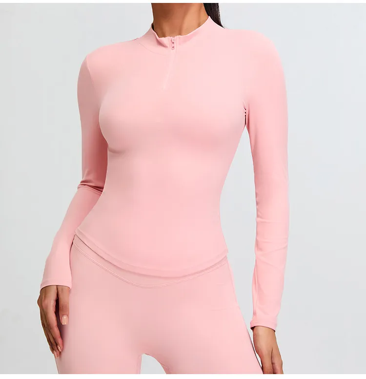 Women Casual Solid Color Long-Sleeve Zipper Yoga T-Shirt