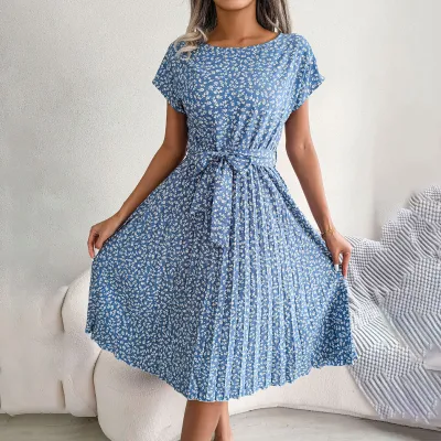 Women Casual Floral Printed Bat Sleeve Pleated Lace-Up Midi Dress
