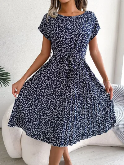 Women Casual Floral Printed Bat Sleeve Pleated Lace-Up Midi Dress