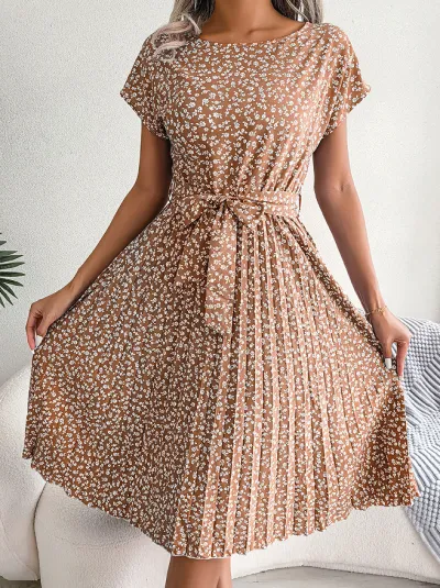 Women Casual Floral Printed Bat Sleeve Pleated Lace-Up Midi Dress