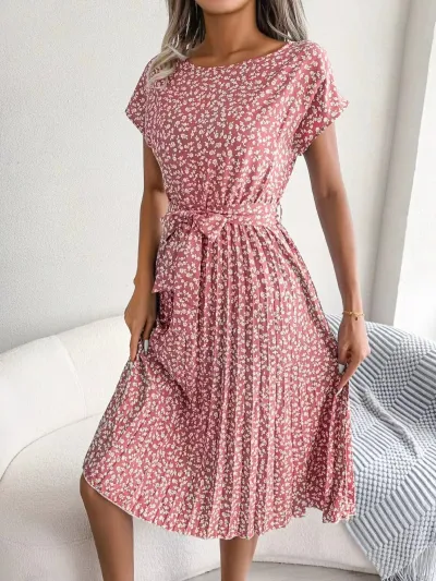 Women Casual Floral Printed Bat Sleeve Pleated Lace-Up Midi Dress