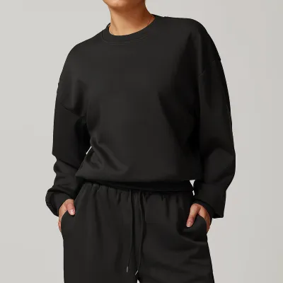 Women Casual Solid Color Round Neck Long-Sleeve Loose Sports Sweatshirt