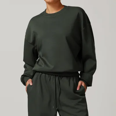 Women Casual Solid Color Round Neck Long-Sleeve Loose Sports Sweatshirt