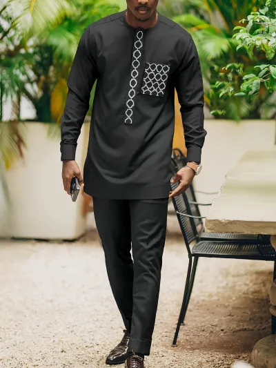 Men Fashion Casual Embroidered Long-Sleeve Kaftan Dress Slim Fit Pants Two-Piece Set
