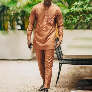 Men Fashion Casual Embroidered Long-Sleeve Kaftan Dress Slim Fit Pants Two-Piece Set