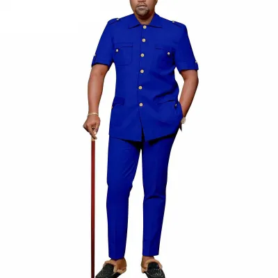 Men Fashion Casual Solid Color Lapel Short-Sleeve Buttons Top Slim Fit Pants Two-Piece Set
