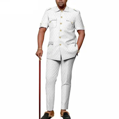 Men Fashion Casual Solid Color Lapel Short-Sleeve Buttons Top Slim Fit Pants Two-Piece Set